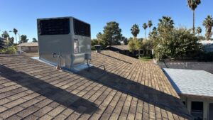 A newly installed residential rooftop HVAC unit by Blue Collar HVAC in Las Vegas, NV.