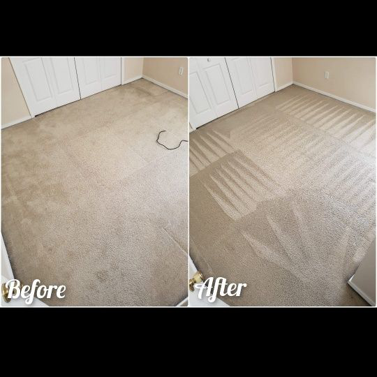 Before and after comparison of residential room carpet cleaning by Hawkins Carpet Cleaning in Owensboro, KY
