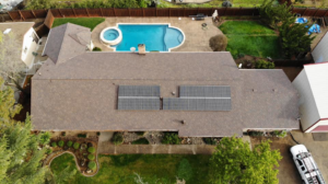 An overhead view of a home with solar panels on the roof by Element Power Systems, Inc. in Brentwood, CA