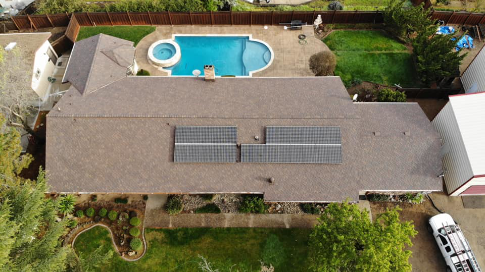 An overhead view of a home with solar panels on the roof by Element Power Systems, Inc. in Brentwood, CA