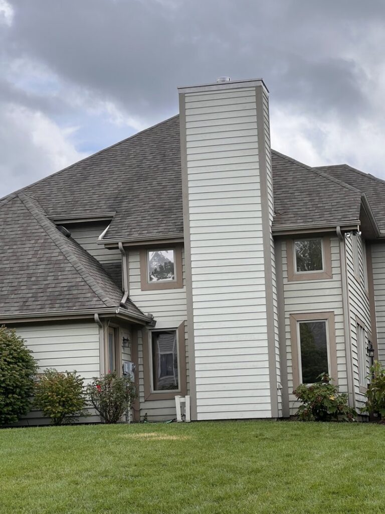 A beautiful residential stone chimney completed by Centerville Pipestone Chimney Services LLC in Dayton, OH.