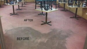 Before and after view of a restaurant carpet cleaning service by Mint Carpet Care in Dallas, TX