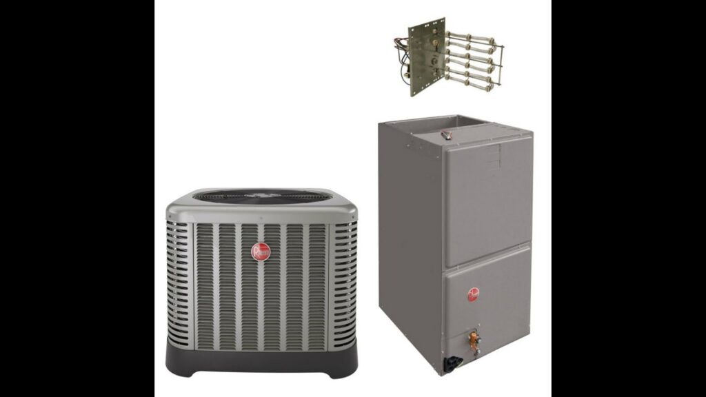 A Rheem outdoor AC condenser, indoor air handler, and a heating element, available from SURPLUS AC INC. in Doral, FL