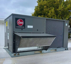 A Rheem Commercial rooftop HVAC unit, serviced by Geostar Mechanical in Rockford, IL.