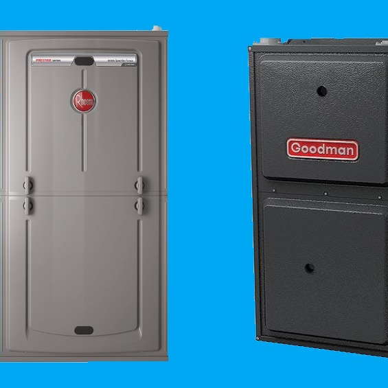 Two modern furnaces or air handlers, Rheem and Goodman brands, offered by 307 HVAC Services in Rock Springs, WY.