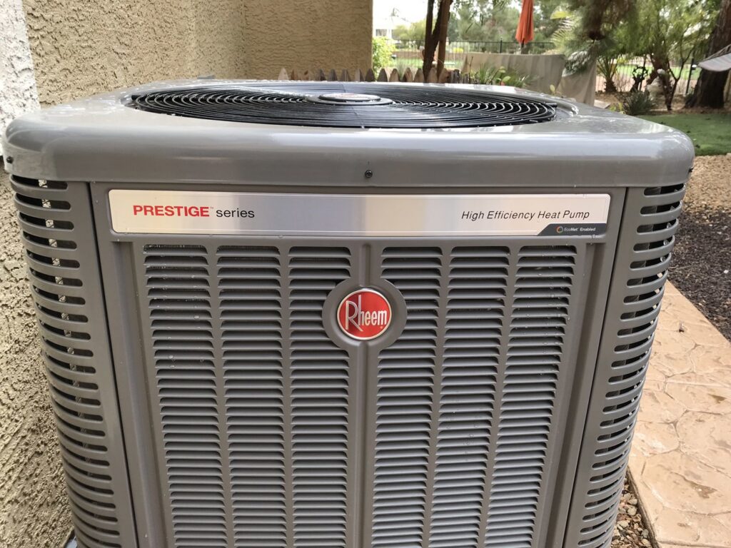 A Rheem Prestige series High Efficiency Heat Pump unit, installed by RW Mechanical Inc. in Las Vegas, NV.