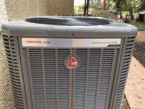 A Rheem Prestige series High Efficiency Heat Pump unit, installed by RW Mechanical Inc. in Las Vegas, NV.