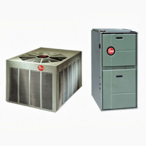 A Rheem outdoor air conditioning unit and indoor furnace, representing HVAC services from GNL Heating And Cooling in Provo, UT