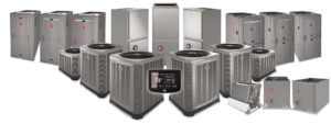 A comprehensive display of Rheem HVAC systems, including furnaces, air conditioners, and thermostats, from TNA Heating and Cooling in Las Vegas, NV.