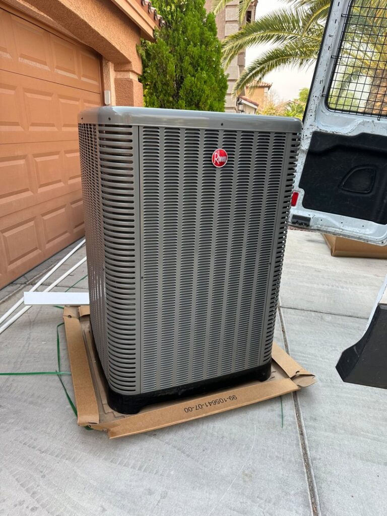 A Rheem outdoor AC unit delivered and ready for installation by Honest AC Experts in Las Vegas, NV