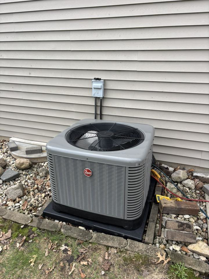 A Rheem outdoor air conditioning unit installation by Air Control Heating & Cooling LLC in Schererville, IN.