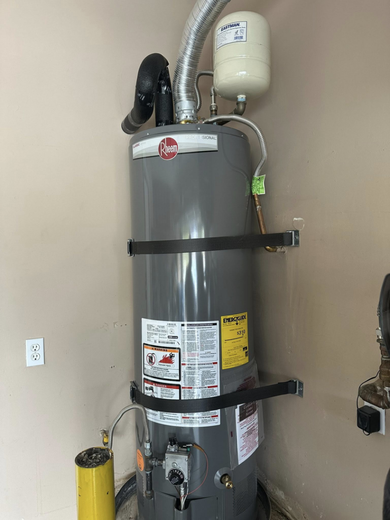 A Rheem water heater with an expansion tank, professionally installed and serviced by CaliFam Services in Las Vegas, NV.