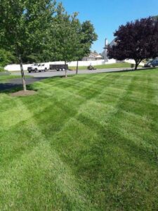 A riding mower creating neat stripes on a large lawn by John's Lawn Care Service's in Saint Petersburg, FL