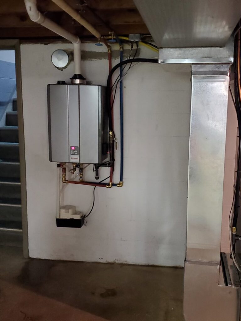 A Rinnai tankless water heater installation with new piping by T. D'Albora Heating and Cooling in Erie, PA.
