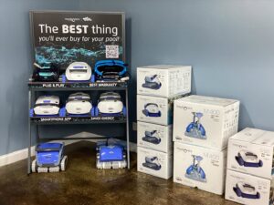 Display of Maytronics Dolphin robotic pool cleaners available at Alabama Pool Kings in Madison, AL.