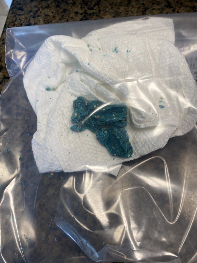 Blue rodent bait on a paper towel, used for rodent control by A-TEX PEST MANAGEMENT INC. in Austin, TX