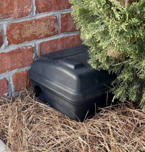 A black rodent bait station placed discreetly next to a brick wall and shrubbery by Canady & Son Exterminating in Wilmington, NC.