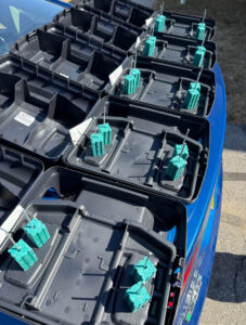 Multiple rodent bait stations with green bait blocks prepared for deployment by Devlins Pest Control in Reading, PA.