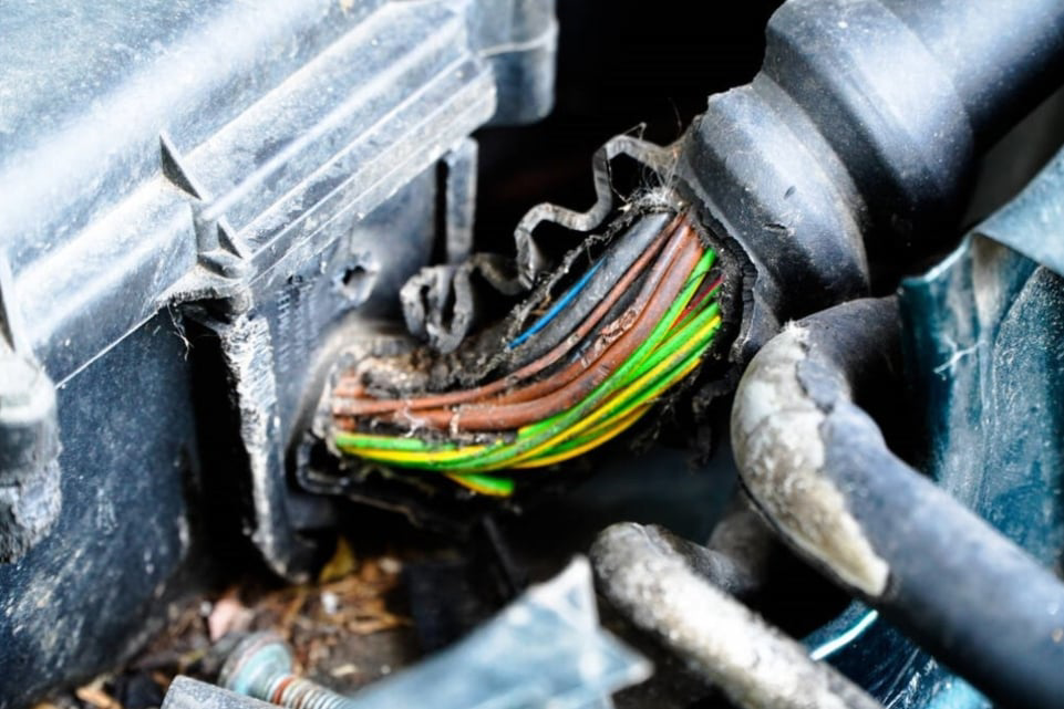 Wires chewed by rodents in an engine compartment, showing pest damage by EcoShield Pest Solutions Fort Worth, TX.