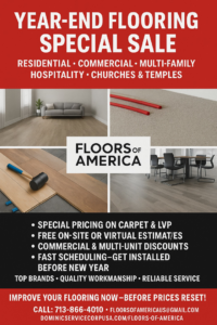 Rolled carpet ready for installation, featured in a flooring sale by Floors of America in Houston, TX.