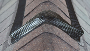 Roof ridge critter guard installation by Animal Management Systems Inc in Noblesville, IN, preventing wildlife entry.
