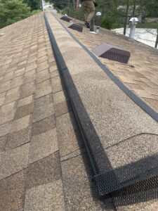 A roof ridge vent with protective mesh installed for wildlife exclusion by Varment Guard in Danville, IN.