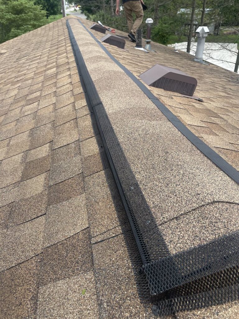 A roof ridge vent with protective mesh installed for wildlife exclusion by Varment Guard in Danville, IN.