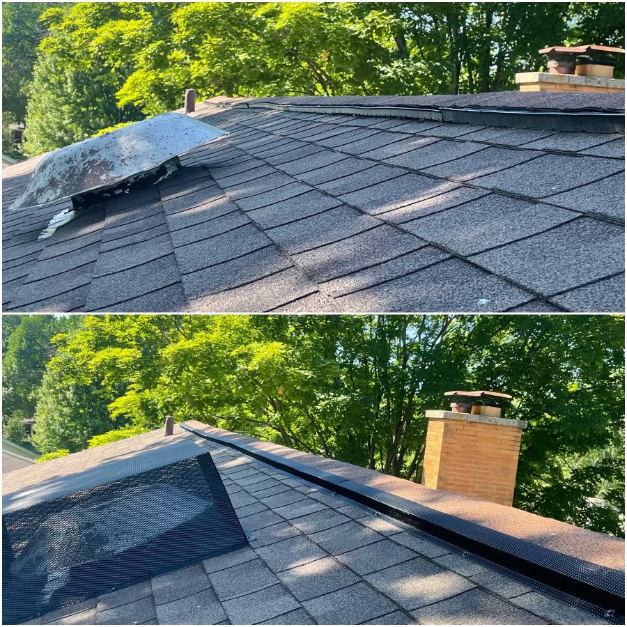 Before and after photos of a roof vent, showing exclusion work by D&K Pest Control and Wildlife Removal, LLC in Woodridge, IL