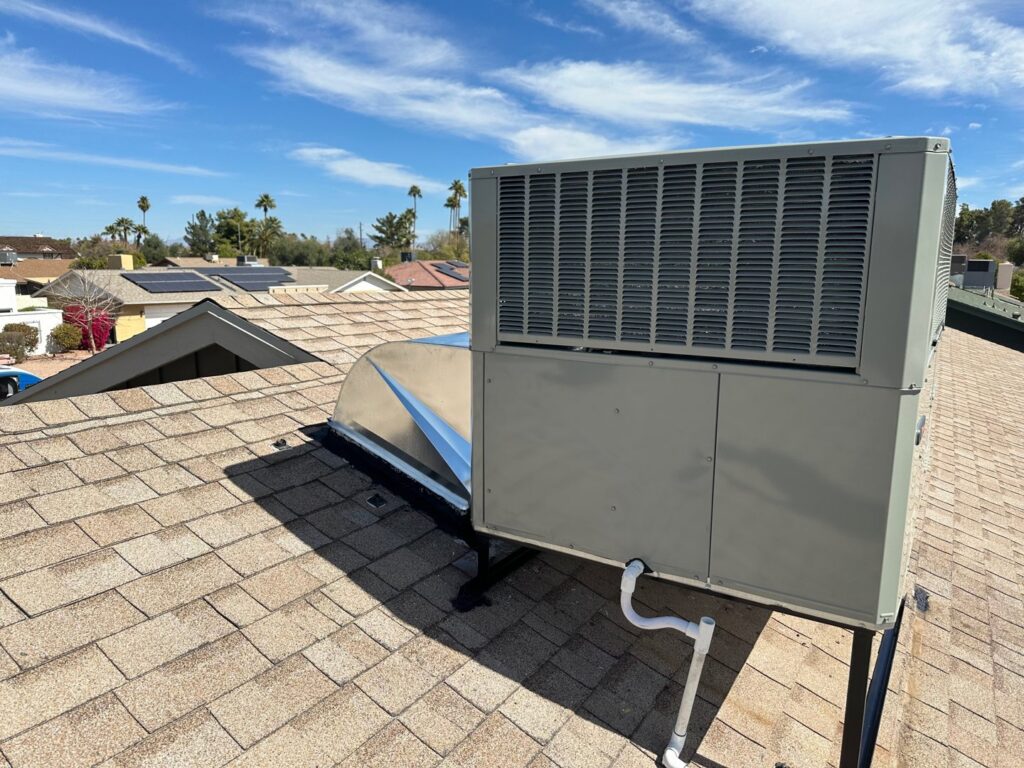 A rooftop AC unit installed on a residential home by Viking Heating and Air Conditioning, LLC in Chandler, AZ