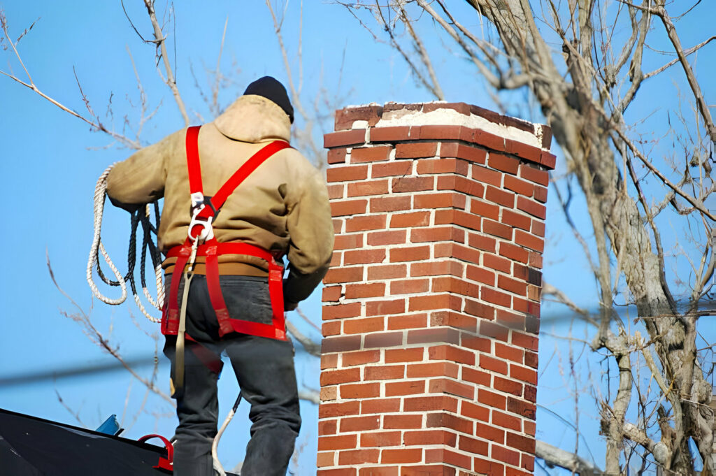 A professional from 832 Home Service on a rooftop, preparing for a chimney inspection or sweep in Houston, TX.