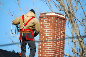 A professional from 832 Home Service on a rooftop, preparing for a chimney inspection or sweep in Houston, TX.