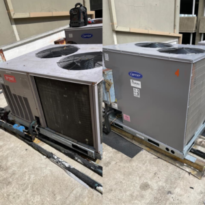 Rooftop commercial HVAC units, including Bryant and Carrier models, installed by Frye Air Services in Mobile, AL