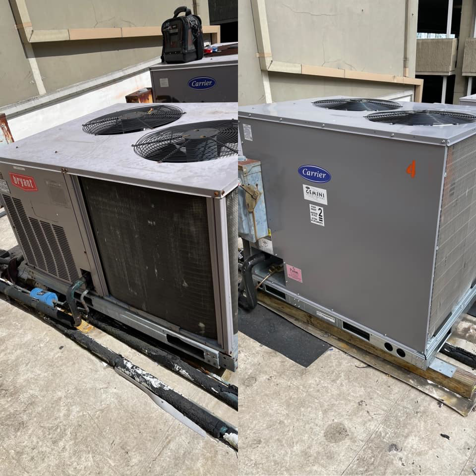 Rooftop commercial HVAC units, including Bryant and Carrier models, installed by Frye Air Services in Mobile, AL
