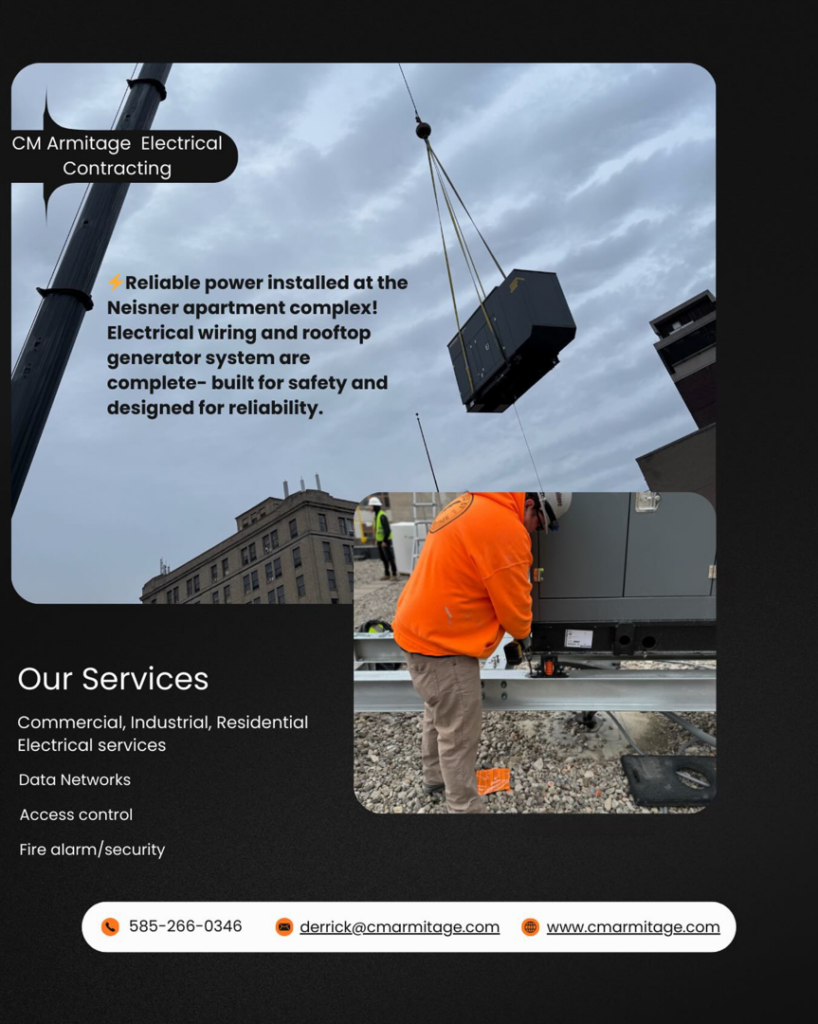 A worker overseeing a rooftop generator installation at the Neisner apartment complex by CM Armitage Electrical Contracting Inc in Rochester, NY.