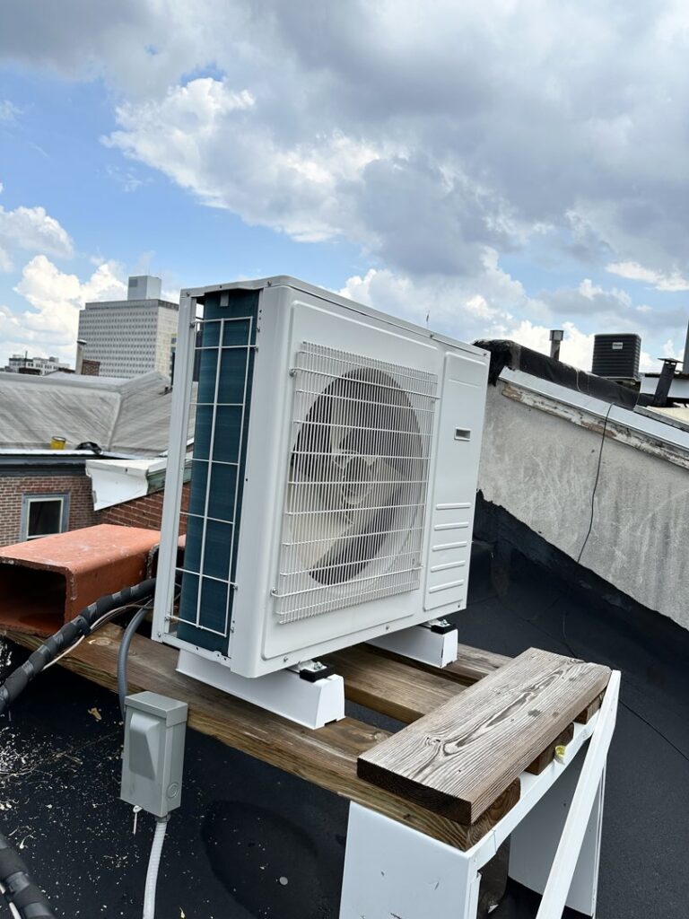 A new outdoor HVAC condenser unit installed on a rooftop by Mueller Mechanical HVAC in Philadelphia, PA.