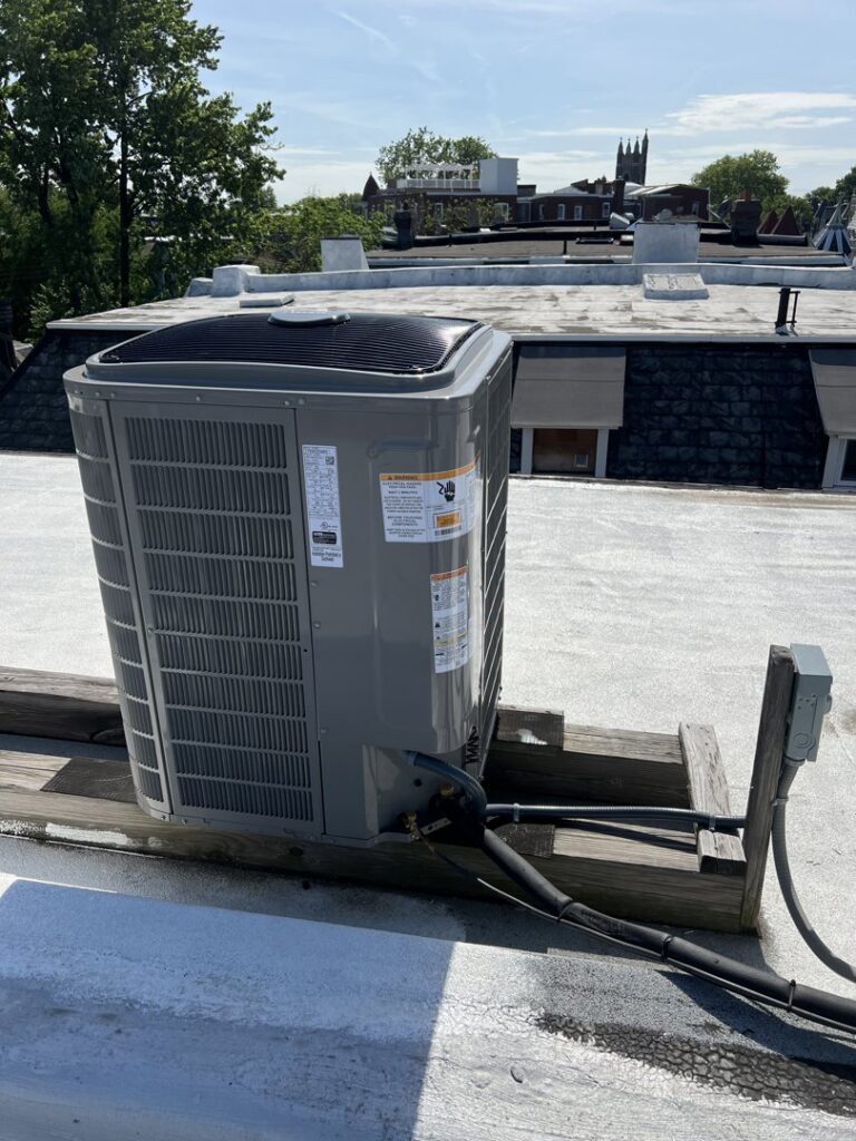 A rooftop HVAC condenser unit installed by Synergy3, an HVAC contractor in Philadelphia, PA.