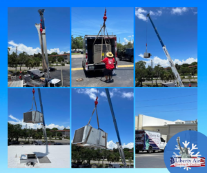 Liberty Air Heating and Cooling technicians installing a new rooftop HVAC unit with a crane in Saint Petersburg, FL.