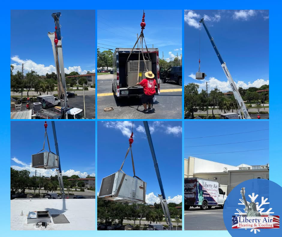 Liberty Air Heating and Cooling technicians installing a new rooftop HVAC unit with a crane in Saint Petersburg, FL.