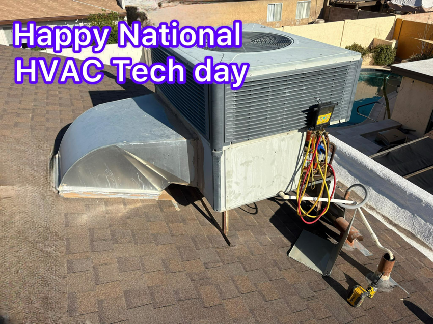 A rooftop HVAC unit being serviced with gauges connected by Weather Masters, Inc. in Mesa, AZ.