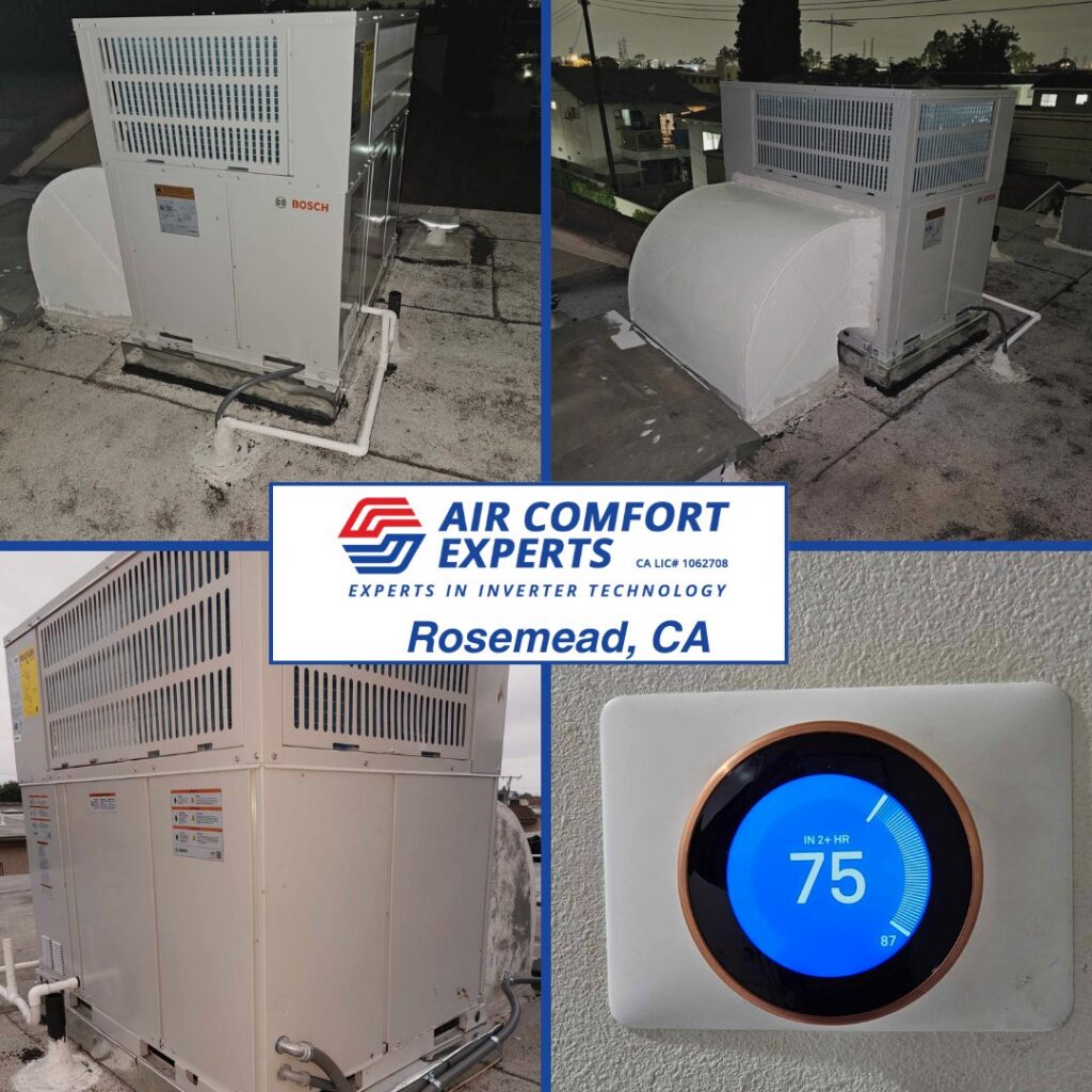 A collage showing rooftop HVAC units and a smart thermostat installation by Air Comfort Experts in Pasadena, CA