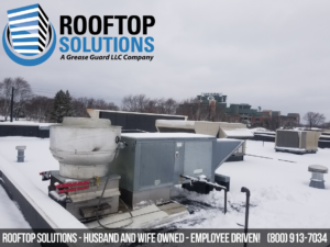 Rooftop HVAC units covered in snow, showcasing commercial equipment serviced by Grease Guard, LLC in Naperville, IL