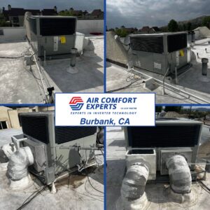 A collage showing multiple rooftop HVAC units installed by Air Comfort Experts in Pasadena, CA