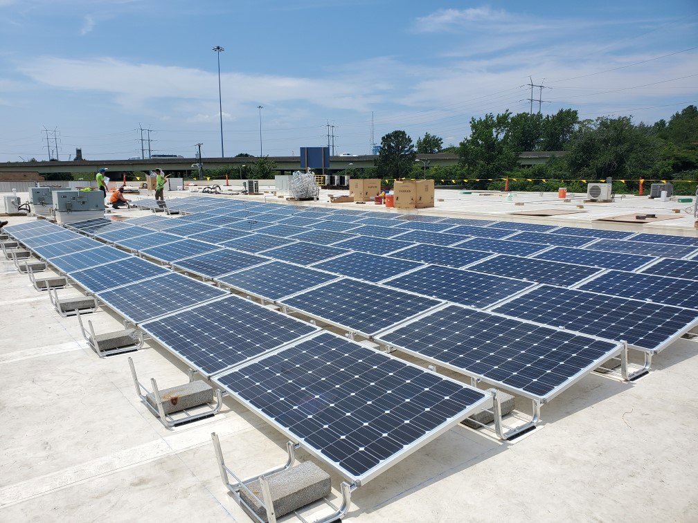 A large rooftop solar panel installation completed by Bay Electric Co. in Newport News, VA.