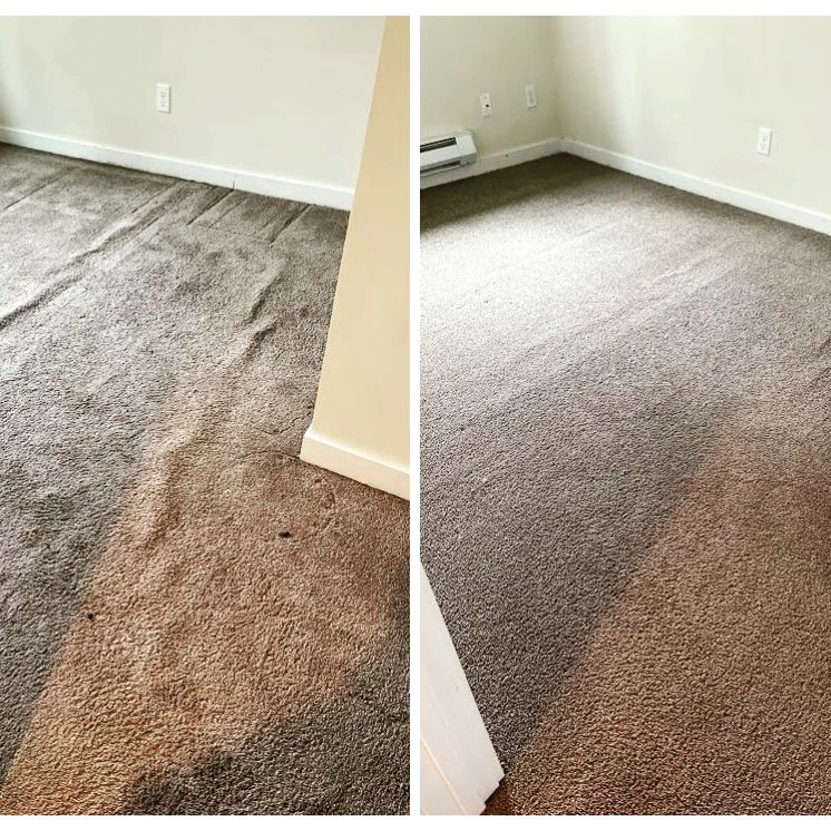 Before and after comparison of a dirty room carpet cleaned by All Kleen Carpet Cleaning in Mountlake Terrace, WA.