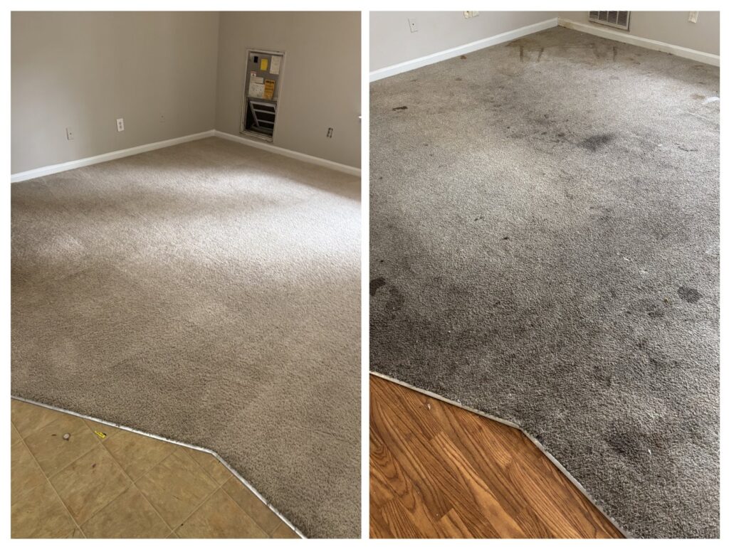 Before and after comparison of a room's carpet professionally cleaned by Drew's Cleaning and Restoration in Jamestown, NC.