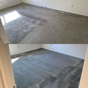 Before and after view of a room's grey carpet after professional cleaning by Dyenasty Carpet in Baltimore, MD.