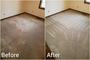 Before and after comparison of a room's carpet cleaning showing dirt removal by Hawkins Carpet Cleaning in Owensboro, KY