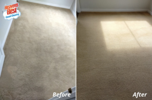 Before and after comparison of a clean carpet in a room by Heaven's Best Carpet Cleaning in Wasilla, AK.