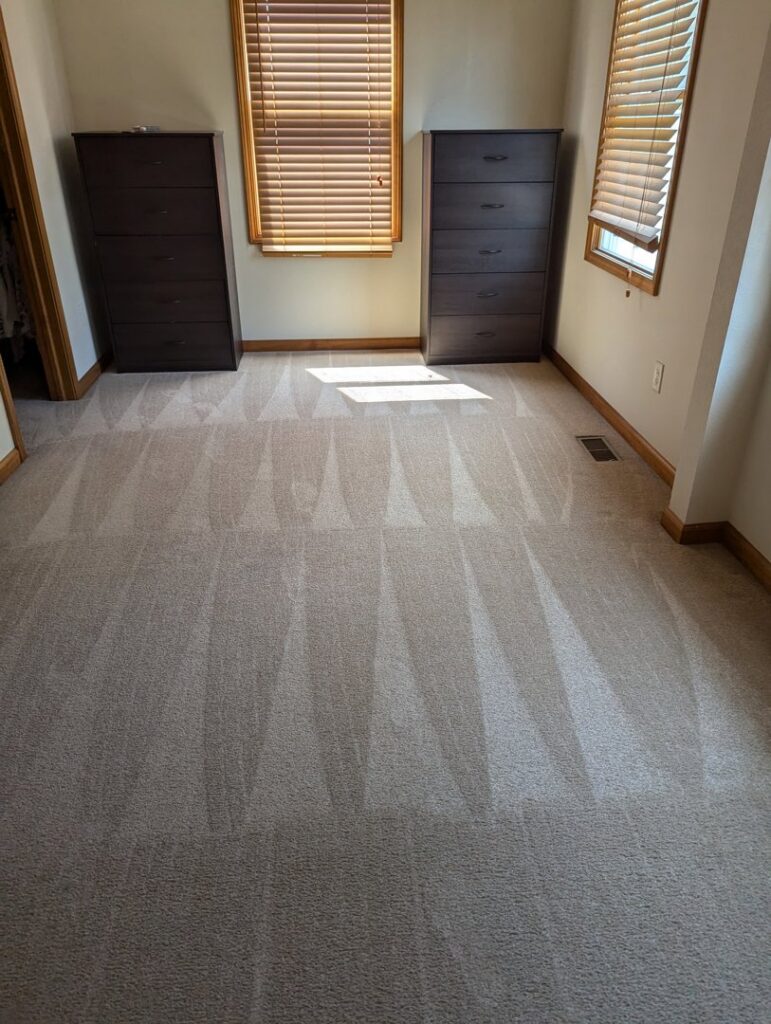 A room carpet showing distinct cleaning lines after service by Legendary Carpet Care+ in Toledo, OH.