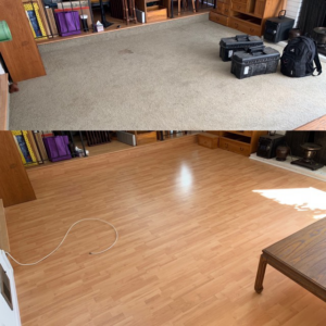 Before and after of a room showing old carpet removed and new hardwood flooring installed by H & T Flooring in Clarksville, TN